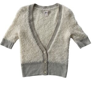 Decree Cropped Cardigan Y2K Eyelash Knit Cozy Cream Metallic Trim Women's M